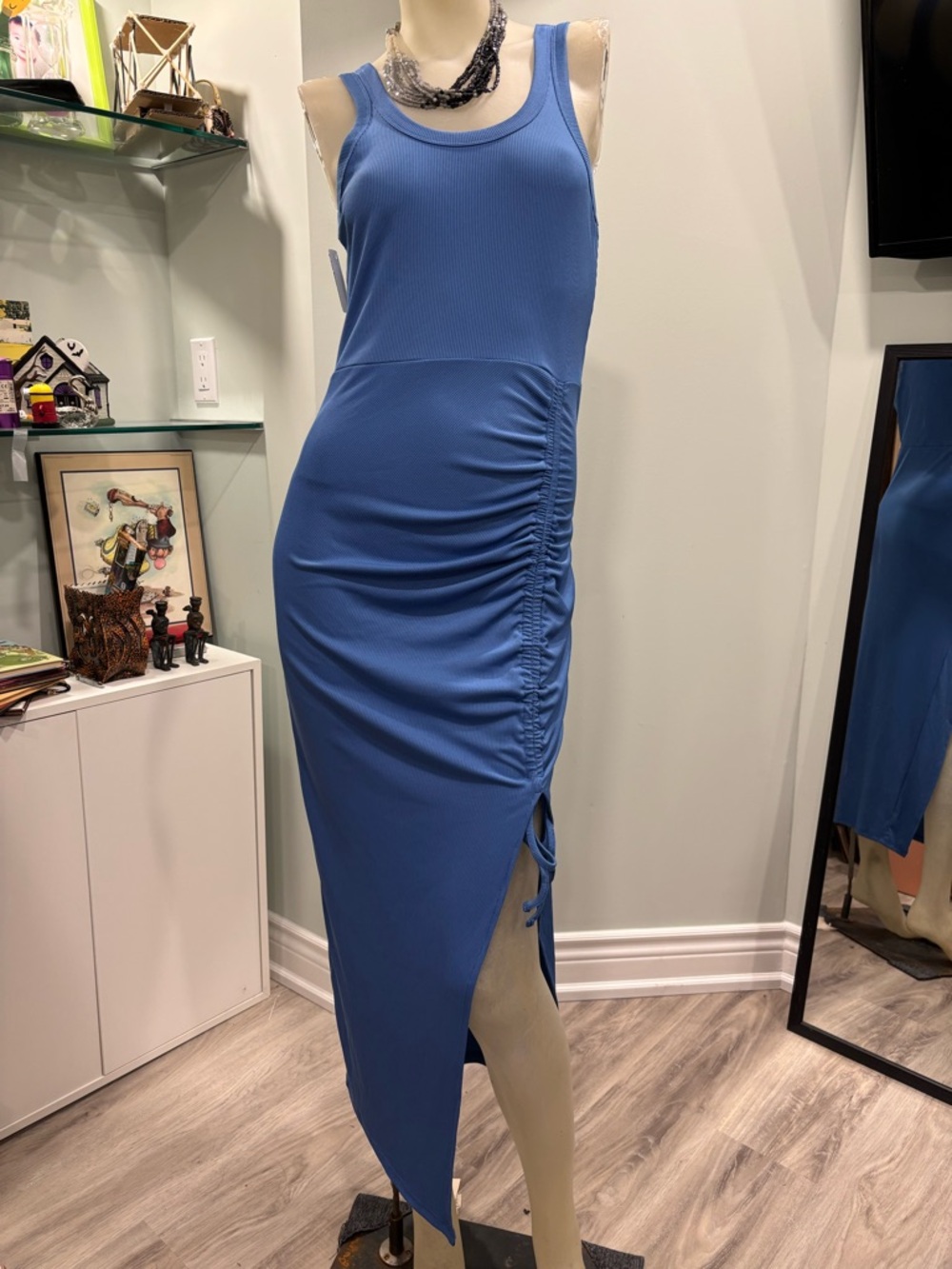 ChicMe Blue Ruched Side Bodycon Maxi Tank Dress Asymmetrical Ruffle Slit Size M